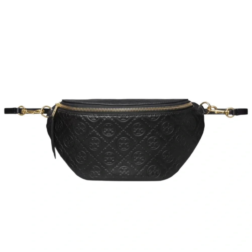 Tory Burch T Monogram Leather Belt Bag Black with gold hardware
